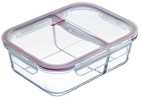Westmark Glas-Frischhaltedose, mit 2 Fächern und Clip-Deckel, Füllvolumen: 1380ml, luftdicht, tiefkühl- und mikrowellengeeignet, ofenfest, BPA-frei, Glas/Kunststoff/Silikon, Klar/Rot, 234522E1
