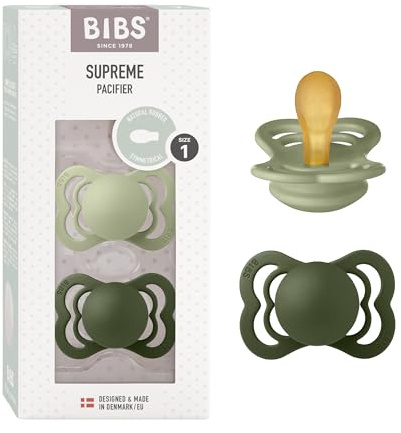 BIBS Supreme Soother 2-Pack, BPA Free Dummy Pacifier, Symmetrical Nipple. Natural Rubber Latex, Size 1 (0-6 Months), Sage/Hunter Green