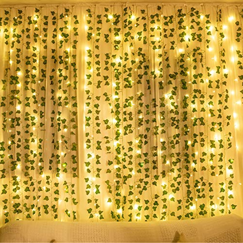 COOLUCK 84Ft 12 Pack Artificial Ivy Leaf Plants Vine with 80 LED String Light,Green Vines Garland, Hanging for Home Kitchen Office Wedding Wall Décor
