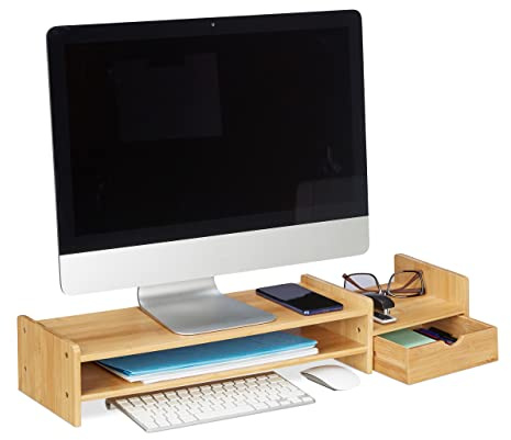 Relaxdays Support pour Moniteur en Bambou, rehausseur d’écran, Tablette PC, Espace Rangement, HLP 12x70x19 cm, Naturel