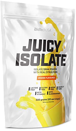BioTechUSA Juicy Isolate - glutenfrei, laktosefrei, zuckerfrei - erfrischendes Protein-Softgetränk mit Orangengeschmack, Ballaststoffen und Vitamin C, 500 g, Orange
