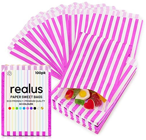 Lila papperspåsar 12,7 x 17,78 cm | REALUS 100 pack liten tom godisväska | TILLVERKAD I BRITAIN | Retro godisväskor – perfekt för barnfest, Pic n Mix Shop, bröllopsgåvor, popcorn
