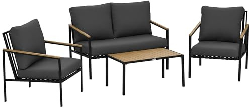 Outsunny - Juego de muebles de jardín (4 piezas, 4 personas, con sofá de 2 plazas, sillones y mesa de café, 8 cojines, acero negro poliéster, gris oscuro