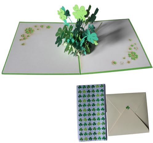 Pop-Up Karte Glücksklee mit Umschlag 3D Geburtstags-Karte15*15cm Glückwunsch, Gute Besserung Prüfung Glückwunschkarte für Neujahr, Danke Für Alles Karte