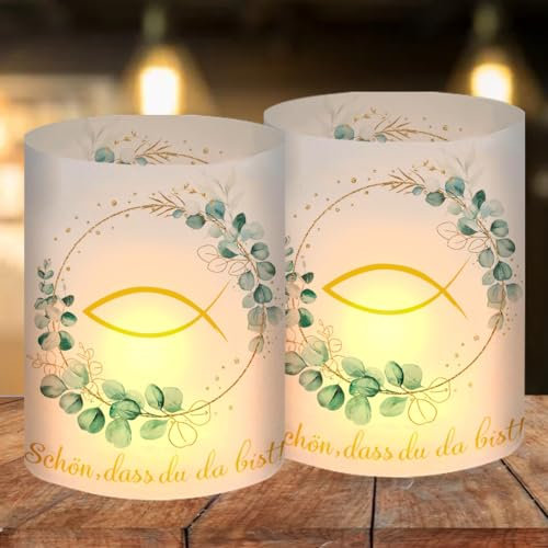 O-Kinee Set di 12 candeline per decorazione tavolo battesimo, candeline, decorazione comunione, prima comunione, verde eucalipto, lanterna pesce, decorazione battesimo, candeline per