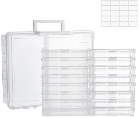 VITEVER Fotoaufbewahrungsbox mit 16 innere Fotohalter, Groß 17 × 12 cm Fotoetui, Durchsichtige Fotoboxen zur Aufbewahrung von Postkarten, Spielzeug, Handwerk, Aufkleber,1×Aufkleber