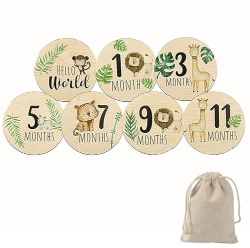 Tarjetas Cumple Meses Bebé Madera, Tarjetas de Hitos Bebe, 7 Discos Redondas de Cartel de Bienvenida de Madera para Recién Nacido de Bebe, Perfecto Como Regalos Bebes Recien Nacidos Originales
