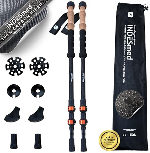 INDESmed | Bastones de Trekking 100% Fibra de Carbono – Ultraligeros, Telescópicos y Ajustables con Cierre Metálico Rápido | Bastones de Senderismo para Montaña, Trail Running y Nordic Walking