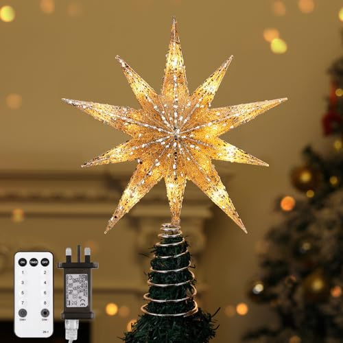 Lewondr Stella Cima per Albero di Natale,13 Stella Natalizia a 10 Punte Illuminata con Alimentazione a Presa e Telecomando per Decorazioni Natalizie,Timer 6H&8 Modalità Illuminazione, Luce Calda