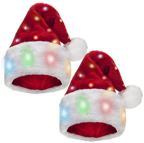 Light up Santa Hat for Adults,Christmas Hat with LED Lights Flashing Xmas Hats Novelty Plush Santa Caps Women Men-Battery not Included