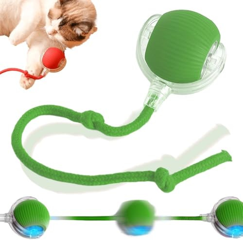 HOIDOKLY Pelota rodante de juguete eléctrica e interactiva para perros y gatos, con cuerda y rodadura automática inteligente, en color verde