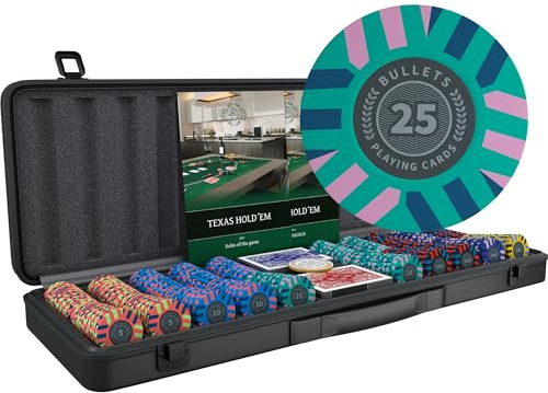 Bullets Playing Cards | Mallette de Poker 500 Jetons Clay sans Noyau métallique 10g – Coffret Complet avec Cartes, dés et Bouton Dealer en céramique – Design Salvatore