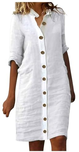 Generisch 2025 Vestido camisero de verano para mujer, manga 1/2, vestido informal de algodón, vestido elegante, festivo, tallas grandes, Blanco, XL