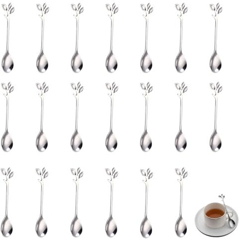 20PCS Cucchiaino da Caffè da caffè in acciaio inox a forma di foglia, Argento, cucchiaini da caffè piccoli lunghi eleganti, cucchiaini da dolce riutilizzabili, cucchiaio confettata per tè dessert yogu