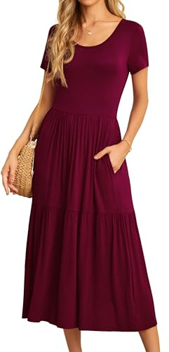 GRECERELLE Womens Summer Maxi Plus Size Dress Casual Short Sleeve Crew Neck Swing Flowy Tiered Party Dresses with Pockets for Weddings, Holidays (Wine Red, 3XL)