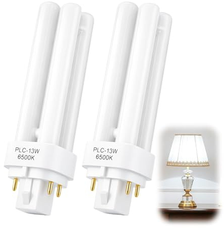 RTDHO 13W G24q-1 4 Pin Light Bulbs,Cool White 6400K Compact Fluorescent Lamp,850LM AC220V-240V CFL Light Bulb,Non-Dimmable 2U Double Tube Energy Saving Lamp, 4 Pin Bathroom Light Bulbs, 2 Pack