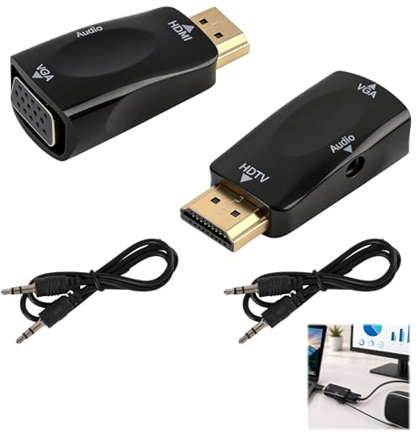2 st. HDMI till VGA-adapter med 3,5 mm ljudkabel, HDMI hane till VGA-omvandlare, hona upp till 1080p, kompatibel med PC, laptop, TV-box, projektor, VGA-utgång utan inbyggt ljud (svart)