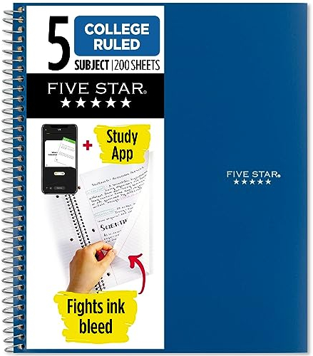 Five Star Spiralnotizbuch + Lern-App, 5 Fächer, College-Papier, bekämpft Tintenblutung, wasserabweisender Einband, 200 Blatt, Blau (73635)