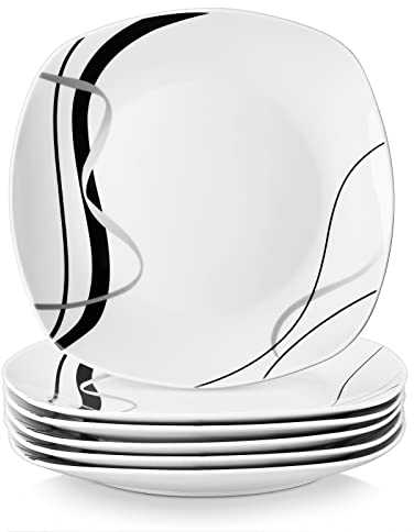 VEWEET 'Fiona' 9.75 6-Piece Dinner Plate Porcelain Dinner Set Ivory White Black Decals Round Plates Dinning Set Kitchen Service China Dinner Plate (24.7 * 24.7 * 2.2 cm)