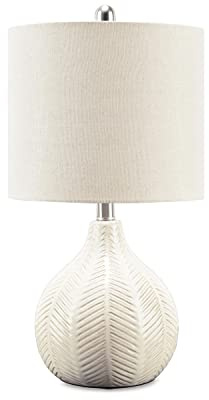 Signature Design by Ashley Rainermen Casual Ceramic Table Lamp, Transparent White Glaze Finish, Drum Hardback Fabric Shade, 11 W x 11 D x 21 H, Off White