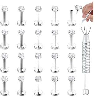 CASSIECA 20Pcs 16G Labret Piercing Jewellery 316L Surgical Steel Labret Studs with CZ Ball 3MM Tragus Earrings Helix Cartilage Nose Piercing Jewellery in Silver Vertical Labret 8mm