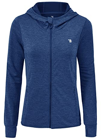 donhobo Damen Laufjacke Kapuzenjacke Langarm Sportjacke Leicht Trainingsjacke Full Zip Atmungsaktive Fitness Sweatjacke mit Daumenloch und Seitentasche (Blau, L)