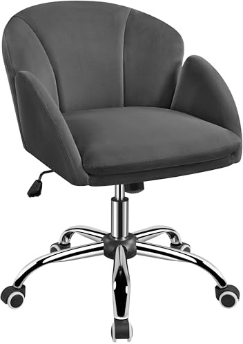Yaheetech Chaise de Bureau en Forme de Pétales avec Coussin Amovible, Gris | Velours Doux Soyeux Métal Chromé Bois FSC Hauteur 46-55.5cm Inclinaison 110° Charge 136kg Salon Chambre Bureau Coiffeuse