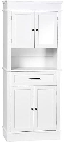 HOMCOM Alacena de Cocina Aparador de Comedor Mueble Auxiliar para Microondas con 4 Puertas 1 Cajón y Estante Abierto para Salón 74x39,5x183 cm Blanco