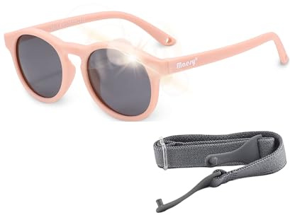 Maesy Occhiali da Sole Bambino 1-3 Anni - Lenti Polarizzate UV400 Categoria Filtro 3 - Montatura Flessibile con Fascia Regolabile – Design Rotondo, Sicuri e Confortevoli - Bowi, Rosa Chiaro