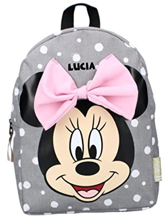 Mochila de guardería personalizada Disney Minnie Mouse con nombre niña | Mochila pequeña para niños con lazo grande y lunares, gris, S, Clásico