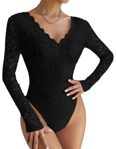 ticticlily Body Femme Sexy Chic Elegant Combishort en Dentelle Bodys à Manches Longues et Col V Dos Nu Transparent Haut Tops Manche Courte Bodysuit Jumpsuit A1 Noir L
