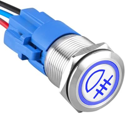 ETOPARS Acier Inoxydable 19mm Interrupteur à Bouton Poussoir 12V 5A Interrupteur à Bascule de Voiture Etanche Métal Commutateur avec Prise de Fil Bleu Lumière Brouillard Arrière