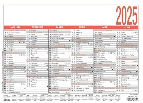 Zettler - Namenstagekalender 2025 weiß/rot, 29,7x21cm, Plakatkalender mit Jahresübersicht, 6 Monate auf 1 Seite, Namenstage, Arbeitstage-, Tages- und Wochenzählung und deutsches Kalendarium