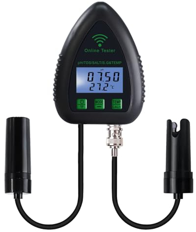 Monitor di pH WiFi 5 in 1, tester di qualità dell'acqua, pH/S.G/TDS/sale/temperatura 24/7, monitoraggio idroponico online con registrazione dati e allarme per acquario, laghetto, piscina di acqua