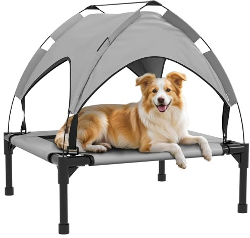 PawHut Lit Chien surélevé, lit de Camp pour Chien, Velum en Taffetas, Tissu textilène Micro-perforé + Sac de Transport Inclus, Facile à Assembler, 76 x 61 x 69,5 cm, Gris | Transat Auvent pour Chien, Chihuahua,Tissu Textilène Micro-Perforé, Sac de Transport, Facile à Assembler