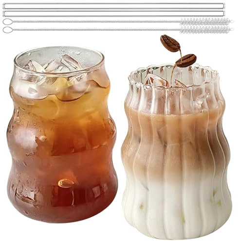 BAIFULAI Lot de 2 Verres à Eau Ondulés 530 ml Avec Pailles et Brosse - Pour Café Glacé, Boissons et Latte Macchiato