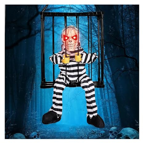 TRIXES Esqueleto de Halloween enjaulado Aterrador, Accesorio de casa encantada con Voz de Grito, Criatura de Pesadilla
