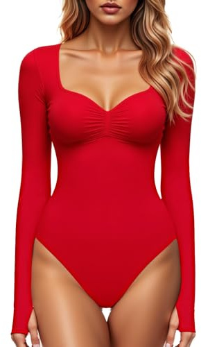 GJY Body para mujer con cuello en V cuadrado, top sexy de moda de manga larga para salir top elástico Body Suit, Rojo caramelo