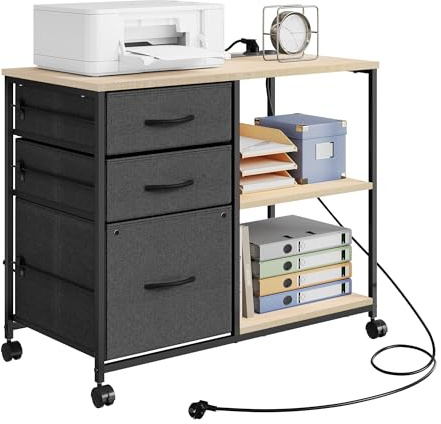 WOLTU Aktenschrank mit Ladestation, Rollcontainer mit Schubladen, Büroschrank, Druckertisch mit Rollen, offenen Ablagen, aus Metall Holzwerkstoff, Helle Eiche, ASK07hei