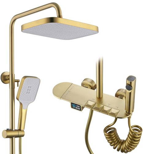 BEITH Sistema de Ducha Termostático, 30x20cm Cuadrado Columna de Ducha con Pantalla Digital LED, 4 Funciones Teclas del Piano Set De Ducha, 59A Latón Válvula, Autolimpieza, Durable, Altura Ajustable