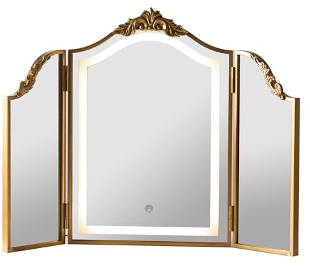 HSDDHOME Espejo de maquillaje de triple pliegue dorado antiguo con iluminación LED tricolor y atenuación, espejo de tocador vintage con arco tallado barroco, decoración bohemia para dormitorio