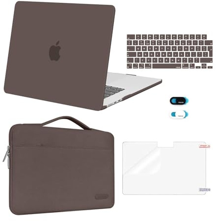 MOSISO Kit 5-en-1 Coque Compatible avec MacBook Air 15 Pouces M5 M4 M3 M2 | Coque Pour MacBook Air 15 Pouces 2026-2023 A3448 A3241 A3114 A2941, Sac&Clavier&Film D'écran&Cache Webcam,Beige Marron
