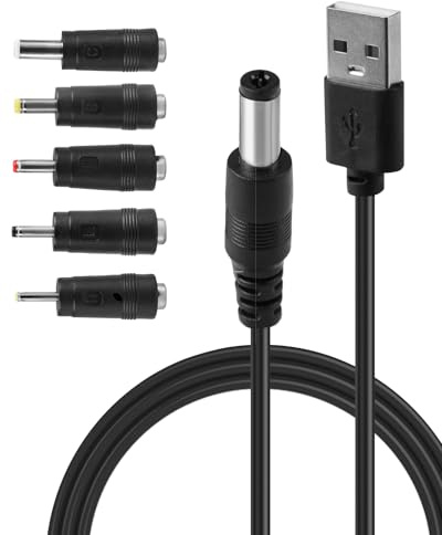 Cable 1M 5V USB 2.0 A a DC 5.5mmx2.1mm Cargador con 5 Conectores 2.5 x 0.7 mm, 3.5 x 1.35 mm, 4 x 1.7 mm, 5.5 x 2.5 mm, 3 x 1 mm para Router, Auriculares, Bluetooth, Ventilador, Lámpara LED, Cámara IP