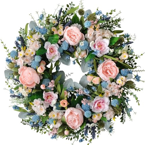 CIR OASES Spring Pink Peony Front Door Wreath 24-inch Flower Blue Wreath Indoor Outdoor Front Door Hallway Window Decoration Wedding Birthday Party Decoration（Pink