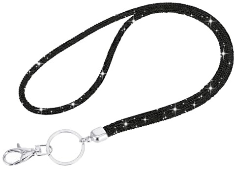 Fashion Rhinestone Lanyard, 31.5'' Black Bling Lanyards for Women with Metal Clasp & Keyring, Round Crystal Neck Strap Lanyard Rhinestone Necklace Work Name Badge Clip for Id Card Keys Strap, Black