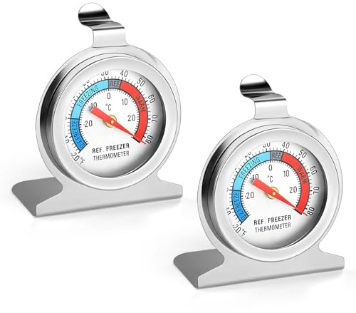 UIHRLM 2PCS Dial Fridge Thermometers, Stainless Steel Refrigerator Freezer Thermometer with Hanging Hook, -20℉～80℉ Stand-Up Classic Measuring Temperature Kitchen Utensils for Cold Storage Units