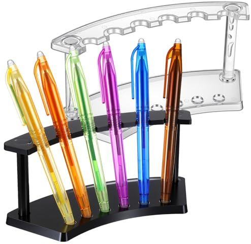 Quilax 2 Pcs Pen Display Stand, Plastic 6-Slot Pen holder, Pens Stand for Makeup Brush Organizer, Display Rack for Craft Shows, Home Office and Store Use (Clear, Black)