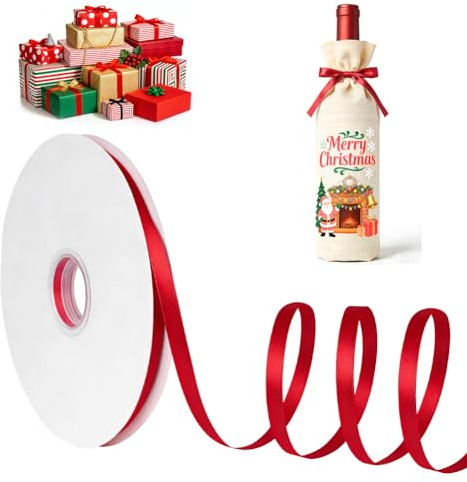 AOOWU Cinta Rojo Bien, 10 mm x 91 m Poliéster de Doble Cara Cinta de Satén, Cinta de Poliéster para Cierres de Globos, Envoltura de Regalos, Decoración para Navidad, Año Nuevo, Fiestas, Bodas