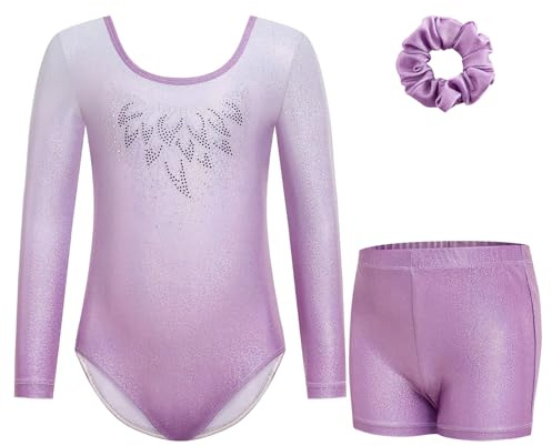 Gogokids Maillots de Gymnastique Trois Pièces pour Filles, Ensemble de Gymnastique à Manches Longues avec Short et Bandeau, Justaucorps de Danse Brillant avec Design de Couleur Dégradée pour 3-12 Ans