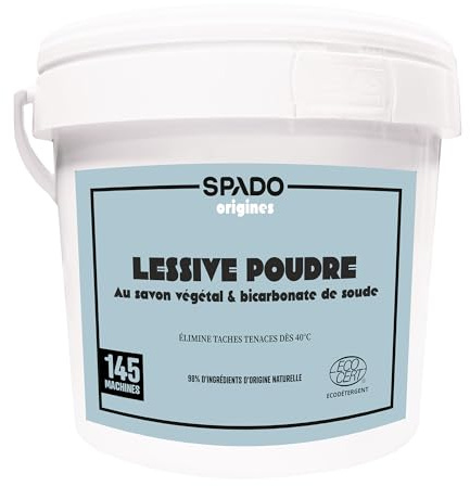 SPADO Origines Lessive Poudre Écocert - 145 Machines - Savon Végétal & Bicarbonate - Efficace dès 40°C - Linge Blanc & Couleurs - 3 Kg